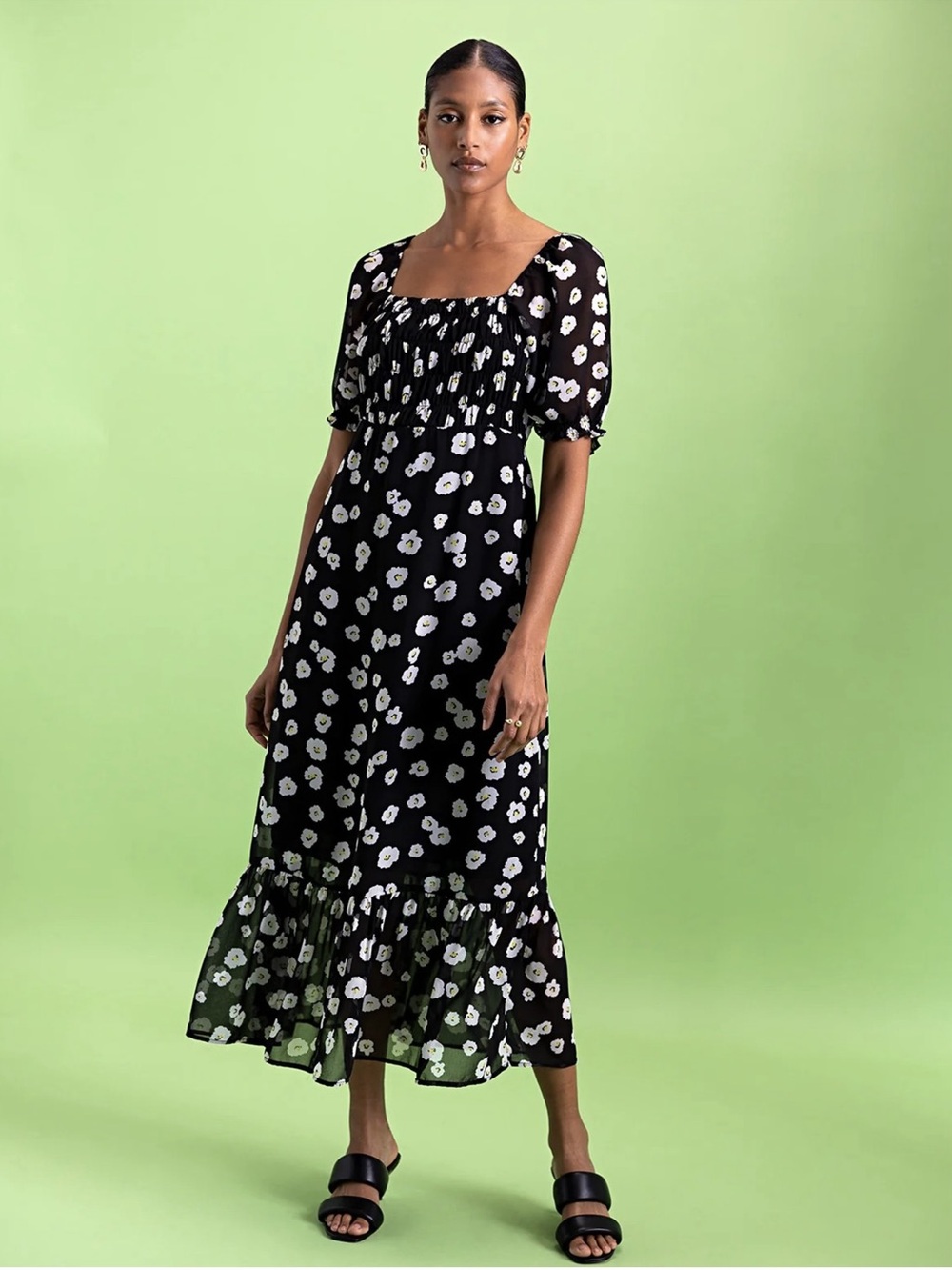 Sanctuary Black Floral Square-Neck Midi Dress with Puff Sleeves